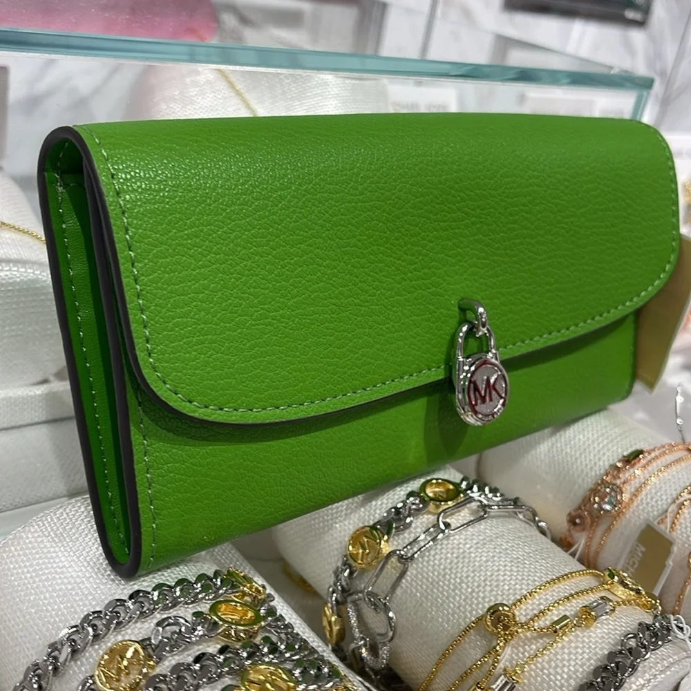 Michael Kors Hamilton Large Leather Flap Continental Wallet Jungle Green NWT